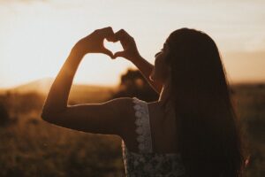 heart, woman, sunset, gesture, nature, dusk